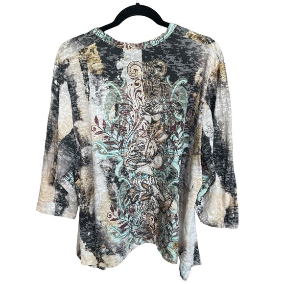 Boho Chic Top Womens Plus Size 2X 3/4 Sleeve Sharkbite Hem Abstract Western - Picture 2 of 9
